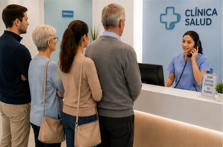 Recepcionista de clínica al teléfono con pacientes esperando en el mostrador