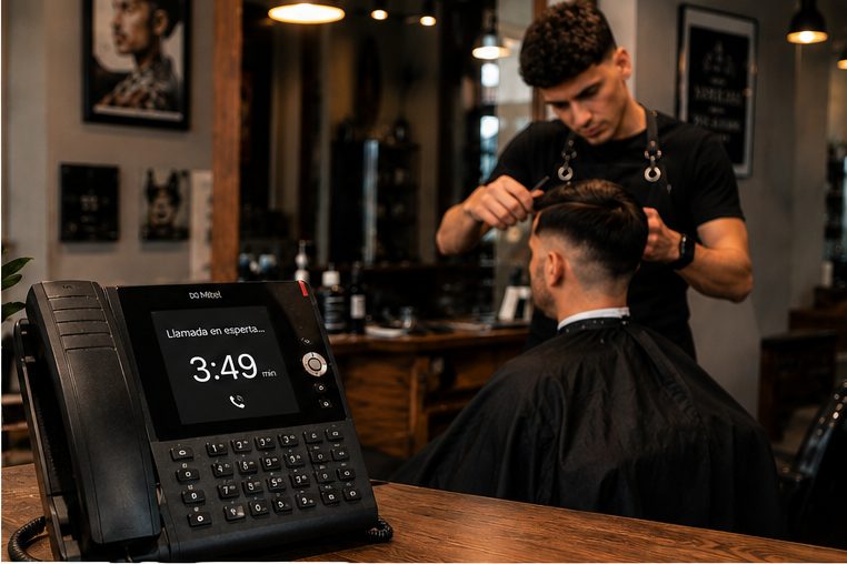Teléfono con una llamada en espera mientras un barbero corta el pelo