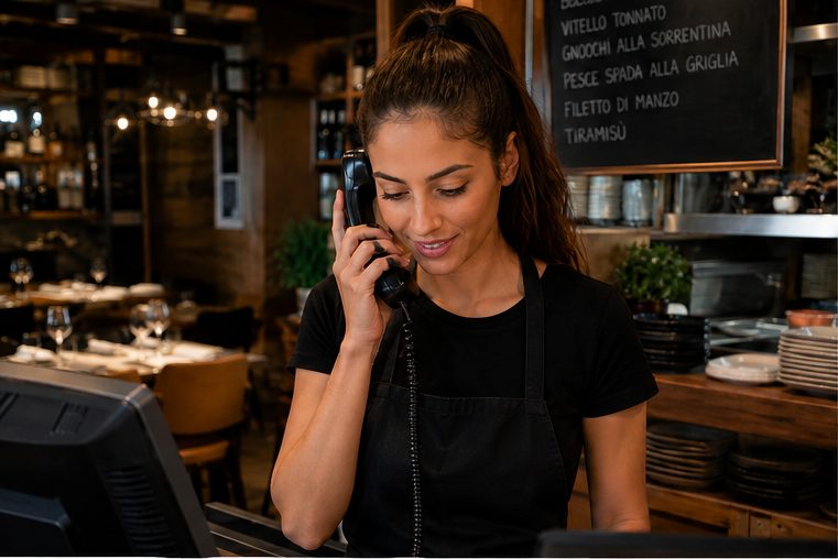 Camarera de restaurante atendiendo el teléfono junto a la barra